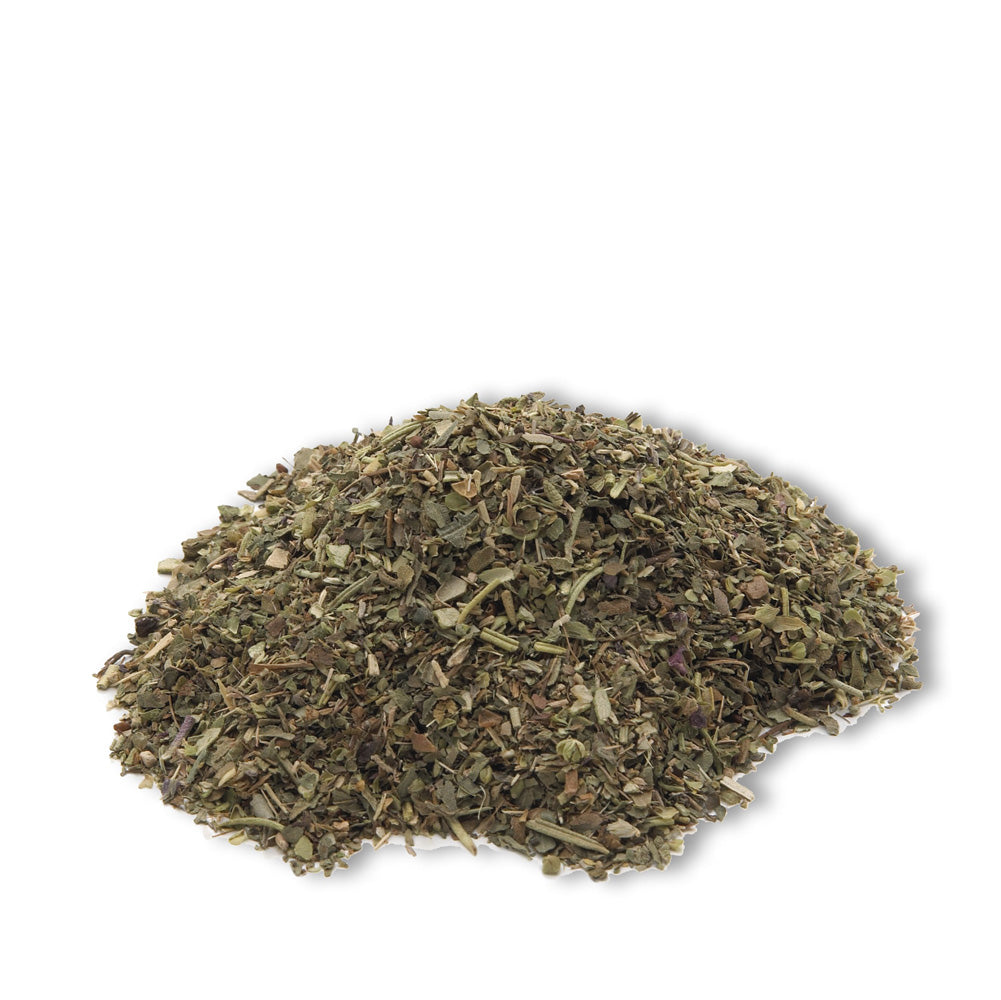 Loose pile of Italian seasoning on a white background