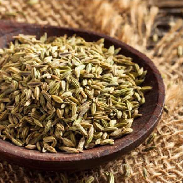 Fennel seeds in a wooden bowl on a rustic burlap surface