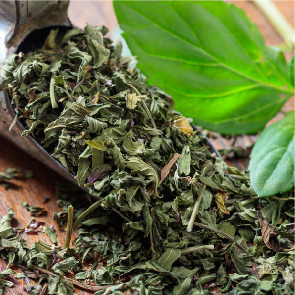 Crushed mint leaves in a wooden scoop with fresh mint leaves nearby