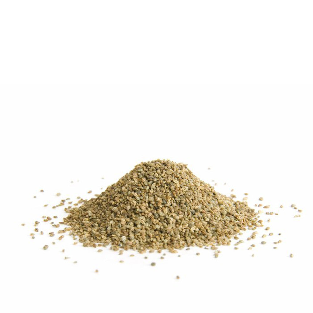 Pile of celery salt spice granules scattered on a white surface